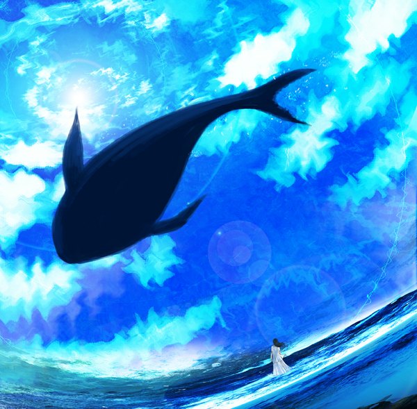 Anime picture 1001x984 with original kazaana single long hair black hair wind sunlight back blue background underwater abstract girl dress animal white dress sun whale