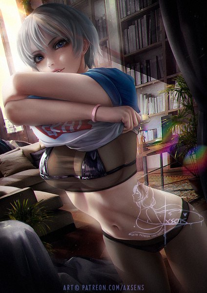 Anime picture 848x1200 with uzaki-chan wa asobitai! uzaki hana axsen single tall image fringe short hair breasts open mouth blue eyes light erotic hair between eyes large breasts standing signed indoors grey hair sunlight realistic fang (fangs)