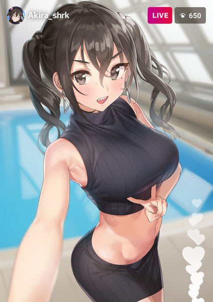 Anime picture 1200x1694 with idolmaster idolmaster cinderella girls sunazuka akira ame (uten cancel) single long hair tall image looking at viewer blush fringe breasts open mouth light erotic smile hair between eyes brown hair large breasts standing twintails bare shoulders