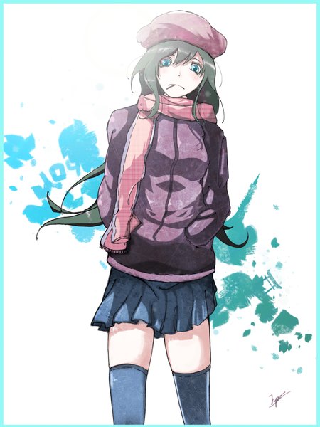 Anime picture 1536x2048 with original niko p single long hair tall image looking at viewer blush blue eyes holding signed grey hair mouth hold hands in pockets girl thighhighs skirt black thighhighs miniskirt jacket scarf