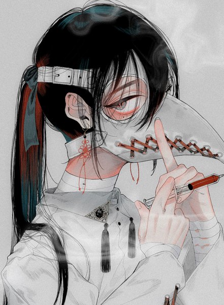 Anime picture 1225x1666 with original konnpeitou0_0 single long hair tall image looking at viewer fringe black hair simple background hair between eyes holding upper body ponytail grey background mole grey eyes mole under eye smoke plague doctor boy