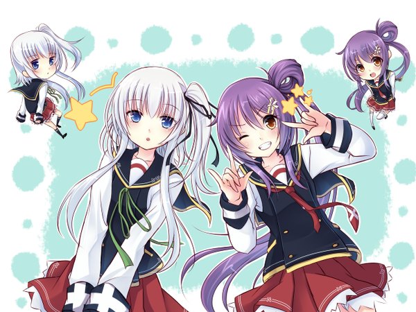 Anime picture 2560x1920 with 7gear hatachi long hair blush highres multiple girls purple hair white hair one eye closed wink chibi girl skirt ribbon (ribbons) 2 girls hair ribbon star (symbol)