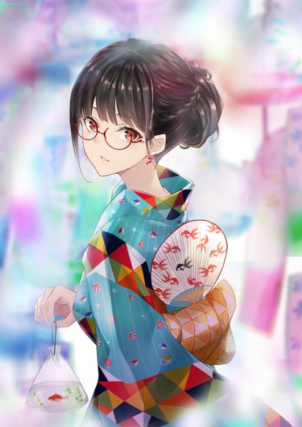 Anime picture 707x1000 with original nabeshima tetsuhiro single tall image looking at viewer fringe short hair breasts black hair red eyes standing holding payot upper body blunt bangs traditional clothes parted lips japanese clothes looking back blurry