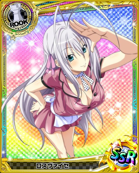 Anime picture 640x800 with highschool dxd rossweisse single tall image looking at viewer blush blue eyes light erotic smile cleavage ahoge white hair very long hair card (medium) girl dress