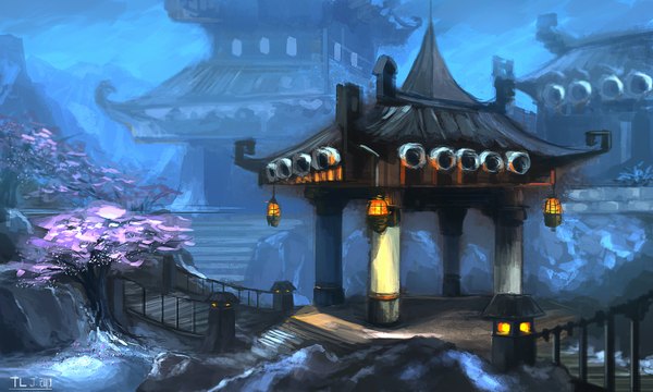 Anime picture 1500x900 with world of warcraft original blizzard entertainment terrylh wide image night cherry blossoms blue background landscape scenic plant (plants) tree (trees) building (buildings) lantern bridge shrine