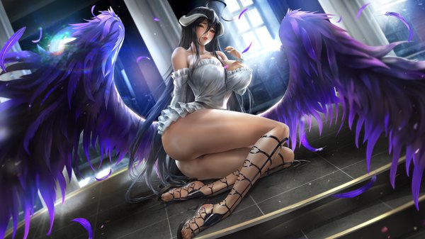 Anime picture 7680x4320 with overlord (maruyama) madhouse albedo (overlord) lexaiduer single long hair looking at viewer blush fringe highres breasts light erotic black hair hair between eyes wide image large breasts sitting bare shoulders brown eyes absurdres