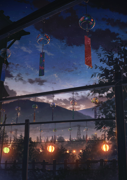 Anime picture 1240x1754 with original cola (pixiv) tall image cloud (clouds) night night sky evening mountain no people scenic festival plant (plants) tree (trees) leaf (leaves) star (stars) lantern fence power lines lamppost wind chime