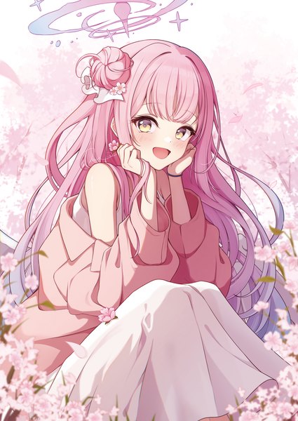 Anime picture 2150x3035 with blue archive mika (blue archive) gyeou lee single long hair tall image looking at viewer highres sitting yellow eyes pink hair hair bun (hair buns) cherry blossoms head rest girl skirt flower (flowers) petals halo white skirt