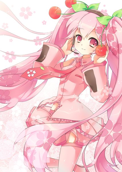Anime picture 1500x2104 with vocaloid hatsune miku sakura miku ceru long hair tall image simple background white background twintails pink hair pink eyes girl thighhighs detached sleeves necktie food hairband berry (berries) cherry