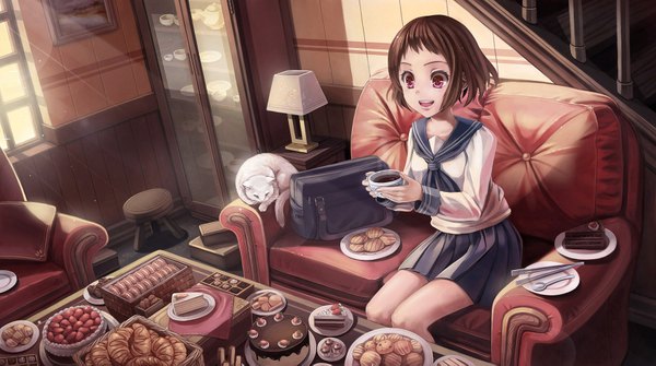 Anime picture 1800x1005 with hyouka kyoto animation ibara mayaka sunimu single highres short hair open mouth brown hair wide image sitting purple eyes girl uniform animal serafuku food sweets cat couch