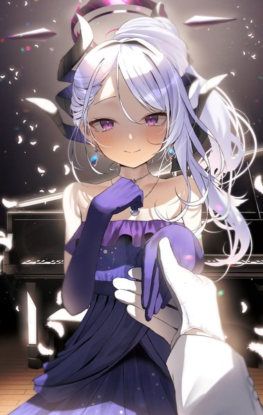 Anime picture 1502x2364 with blue archive hina (blue archive) hina (dress) (blue archive) nidaime (doronbo) long hair tall image looking at viewer blush smile purple eyes silver hair horn (horns) official alternate costume holding hands solo focus girl dress gloves earrings elbow gloves