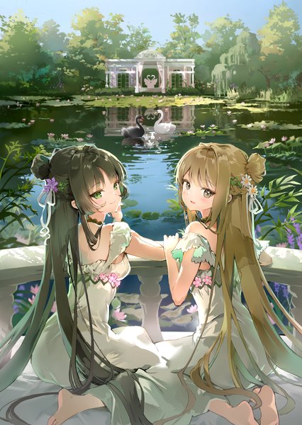 Anime picture 1624x2287 with original anmi tall image looking at viewer blush open mouth smile brown hair sitting multiple girls brown eyes green eyes sky very long hair :d looking back barefoot hair flower from behind off shoulder