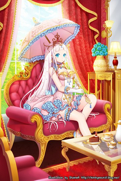 Anime picture 636x954 with original shainea single long hair tall image looking at viewer blue eyes sitting white hair girl dress flower (flowers) sweets umbrella couch cake