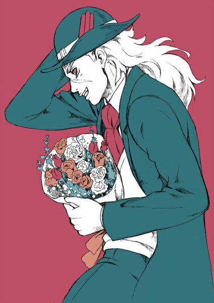 Anime picture 566x800 with jojo no kimyou na bouken robert eo speedwagon chounorin single long hair tall image looking at viewer simple background smile profile scar pink background hand on head boy flower (flowers) bouquet