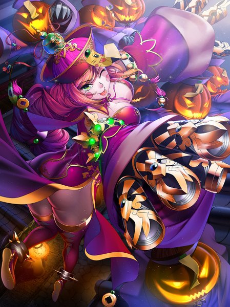 Anime picture 1000x1335 with lucknight single long hair tall image light erotic green eyes ass red hair one eye closed wink halloween :p girl thighhighs dress hair ornament tongue jack-o'-lantern