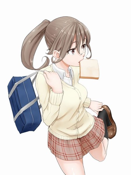 Anime picture 600x800 with original magekichi single long hair tall image fringe simple background hair between eyes brown hair standing white background holding brown eyes looking away ponytail long sleeves thighs mouth hold plaid skirt leg lift (legs lift)