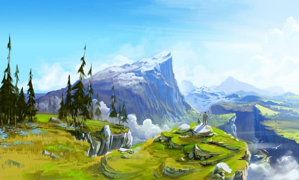 Anime picture 1329x800 with original arcipello wide image standing sitting holding sky cloud (clouds) from behind back mountain flying landscape plant (plants) animal tree (trees) bird (birds) grass stone (stones) people