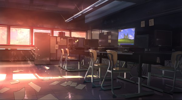 Anime picture 1630x904 with original windows (operating system) windows xp totoro kein-tan wide image sunlight no people scenic classroom window chair table paper monitor blackboard computer