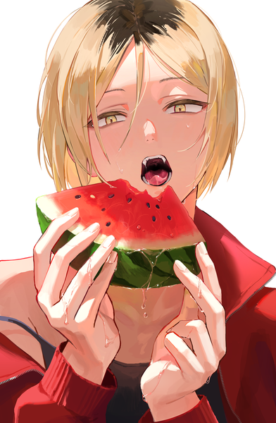 Anime picture 3627x5548 with haikyuu!! production i.g kozume kenma aimitkkays single tall image looking at viewer highres short hair open mouth simple background blonde hair white background holding yellow eyes absurdres upper body teeth eating boy