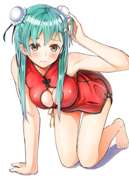 Anime picture 2480x3508 with kantai collection suzuya heavy cruiser byte (allbyte) single long hair tall image looking at viewer blush highres breasts light erotic simple background white background brown eyes cleavage traditional clothes barefoot green hair no bra bare legs