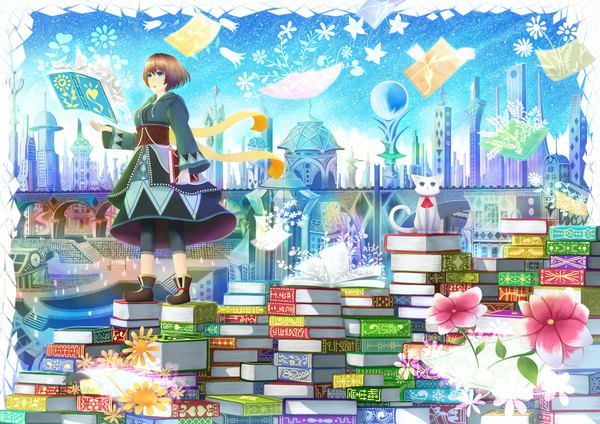 Anime picture 2200x1555 with original bounin highres short hair brown hair city magic detailed plant (plants) book (books) building (buildings) cat paper