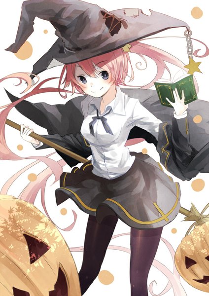 Anime picture 706x1000 with original reio reio single tall image blush blue eyes smile pink hair very long hair halloween girl skirt hat shirt pantyhose black pantyhose book (books) witch hat jack-o'-lantern