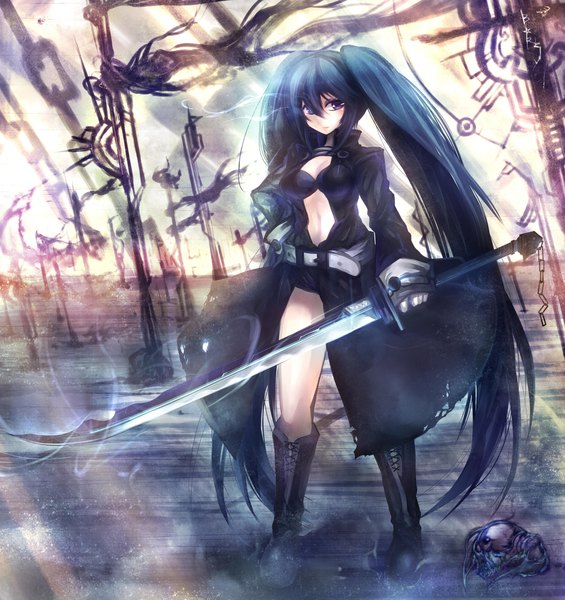 Anime picture 2164x2300 with black rock shooter black rock shooter (character) mamuru long hair tall image highres black hair twintails very long hair open clothes glowing glowing eye (eyes) center opening girl weapon sword boots belt skull cross-laced footwear