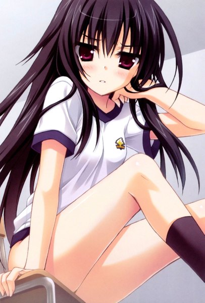 Anime picture 1903x2811 with ore to ichino no game doukoukai katsudou nisshi moritsuka ichino moribe (rabumanyo) single long hair tall image looking at viewer blush highres breasts red eyes sitting purple hair from below legs adjusting hair looking down girl socks black socks