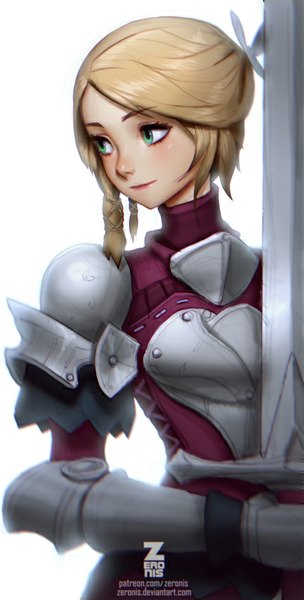 Anime picture 431x850 with paul (shiramune) single tall image short hair simple background blonde hair white background green eyes looking away realistic knight girl weapon sword armor spaulder (spaulders) vambraces breastplate