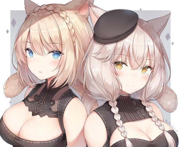 Anime picture 1389x1130 with final fantasy final fantasy xiv square enix miqo'te ayuanlv long hair looking at viewer blush fringe short hair breasts blue eyes light erotic simple background blonde hair smile hair between eyes large breasts bare shoulders multiple girls