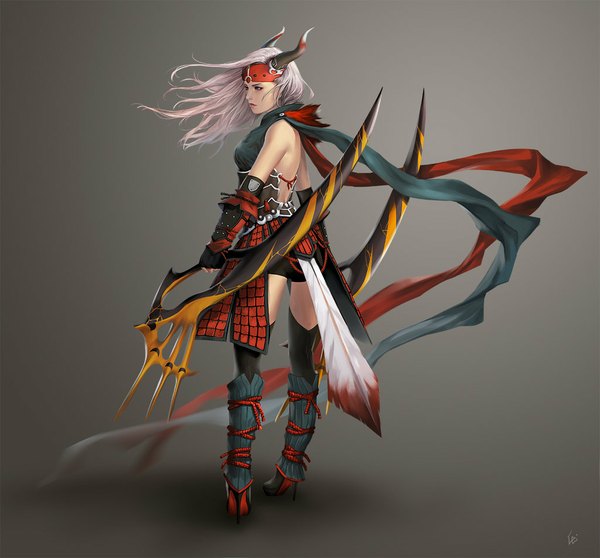 Anime picture 1024x953 with unodu single long hair simple background standing bare shoulders holding pink hair traditional clothes looking back horn (horns) grey background girl thighhighs weapon black thighhighs scarf feather (feathers) huge weapon