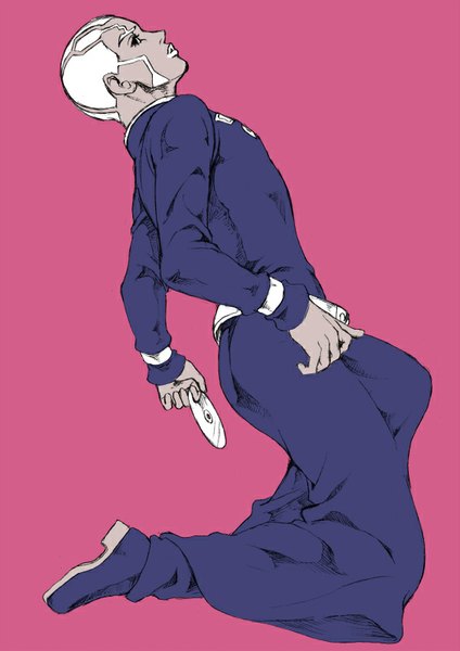 Anime picture 566x800 with jojo no kimyou na bouken enrico pucci chounorin single tall image looking at viewer short hair simple background profile kneeling pink background boy disk