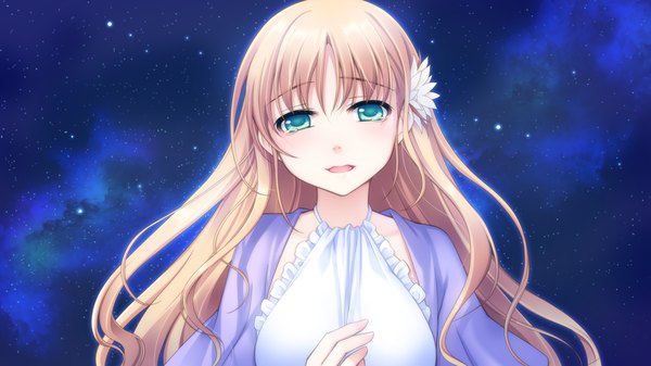 Anime picture 1280x720 with astraythem ginta long hair blonde hair wide image green eyes game cg night tears girl dress hair ornament