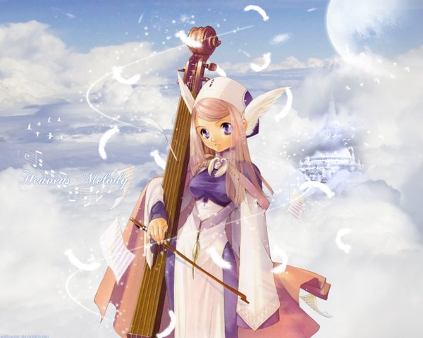 Anime picture 1280x1024 with original shiina yuu single long hair looking at viewer breasts blonde hair purple eyes holding sky cloud (clouds) outdoors long sleeves parted lips wind third-party edit music girl hat feather (feathers)