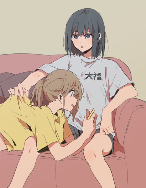 Anime picture 1447x1864 with original monsieur tall image blush fringe short hair open mouth blue eyes black hair simple background hair between eyes brown hair sitting multiple girls holding lying profile :o on back looking down