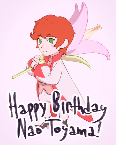 Anime picture 1280x1600 with birthday wonderland pipo ilya kuvshinov single tall image looking at viewer short hair simple background smile standing green eyes full body red hair pink background happy birthday blush stickers no pupils miniboy boy