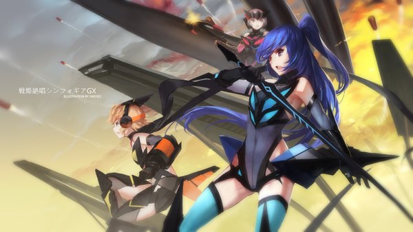 Anime picture 1512x850 with senki zesshou symphogear satelight yukine chris tachibana hibiki kazanari tsubasa swd3e2 long hair short hair open mouth blonde hair wide image multiple girls blue hair looking away silver hair one side up flying mecha musume girl gloves