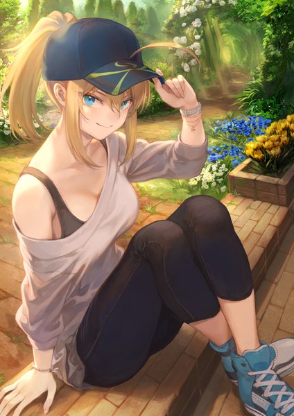 Anime picture 1302x1842 with fate (series) fate/grand order artoria pendragon (all) mysterious heroine x (fate) mashuu (neko no oyashiro) single long hair tall image looking at viewer blush fringe breasts blue eyes blonde hair hair between eyes sitting payot ahoge outdoors ponytail