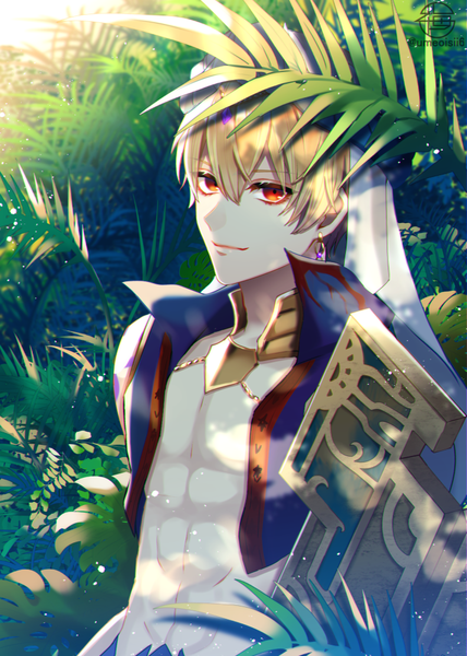 Anime picture 714x1000 with fate (series) fate/grand order gilgamesh (fate) gilgamesh (caster) (fate) umeno shii single tall image looking at viewer fringe short hair blonde hair hair between eyes red eyes signed upper body light smile twitter username muscle abs boy