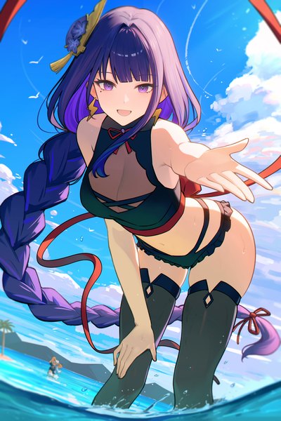 Anime picture 1942x2912 with genshin impact raiden shogun furina (genshin impact) 95--- long hair tall image looking at viewer fringe highres breasts open mouth light erotic smile purple eyes sky purple hair cloud (clouds) outdoors blunt bangs braid (braids)
