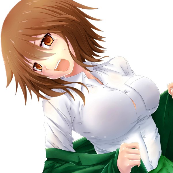 Anime picture 1200x1200 with original watarui single looking at viewer blush short hair breasts open mouth brown hair large breasts white background brown eyes girl uniform school uniform shirt white shirt