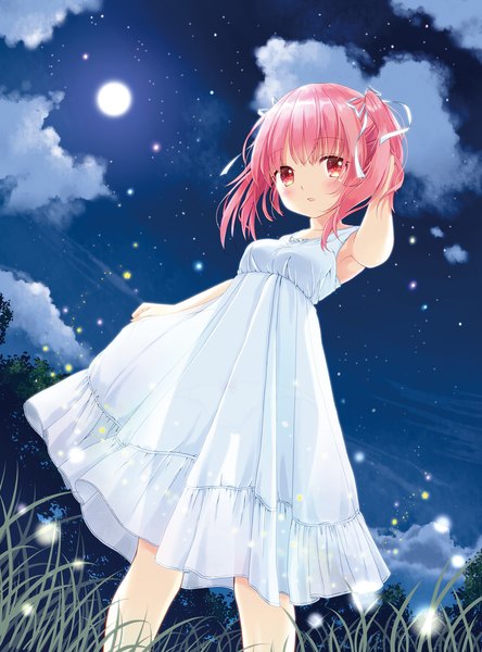 Anime picture 1000x1350 with original hasegawa urumi minamoto single tall image looking at viewer blush fringe short hair light erotic red eyes twintails pink hair cloud (clouds) blunt bangs parted lips night from below armpit (armpits) night sky