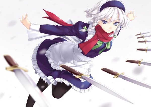 イラスト 1200x853 と 東方 十六夜咲夜 六羽田トモエ ソロ カメラ目線 短い髪 紫目 white hair 三つ編み maid twin braids spread arms 女の子 被り物 襟巻き ホワイトブリム ナイフ