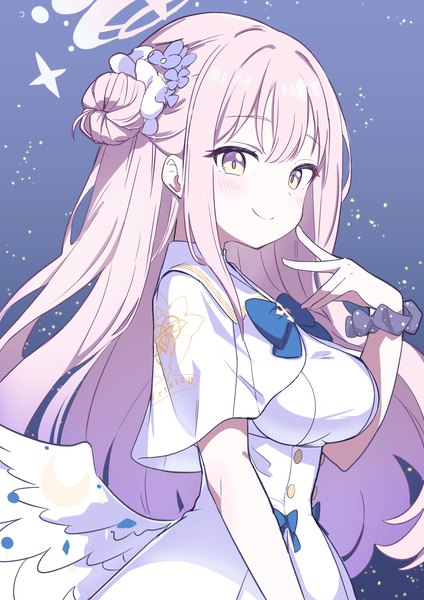 Anime picture 1447x2047 with blue archive mika (blue archive) sonoda 345 single long hair tall image blush fringe smile hair between eyes yellow eyes pink hair upper body hair bun (hair buns) white wings wrist scrunchie girl wings halo scrunchie