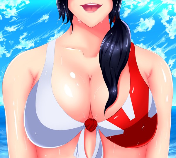 Anime picture 2175x1955 with original dakota rochon single long hair highres breasts open mouth light erotic black hair smile large breasts sky cloud (clouds) wet shiny skin side ponytail close-up front-tie top girl swimsuit