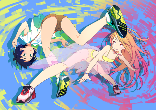 Anime picture 1698x1200 with original nike kansou hada long hair blush short hair open mouth blonde hair smile red eyes multiple girls green eyes blue hair looking away ass bare belly leaning leaning forward outstretched arm upside down