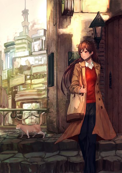 Anime picture 2894x4093 with original plaster (2501) single long hair tall image fringe highres brown hair brown eyes looking away outdoors head tilt girl animal pants cat bag shoulder bag