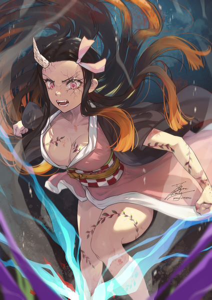 Anime picture 1061x1500 with kimetsu no yaiba ufotable kamado nezuko fadingz single tall image breasts open mouth light erotic black hair large breasts signed cleavage bent knee (knees) very long hair traditional clothes japanese clothes pink eyes multicolored hair horn (horns)