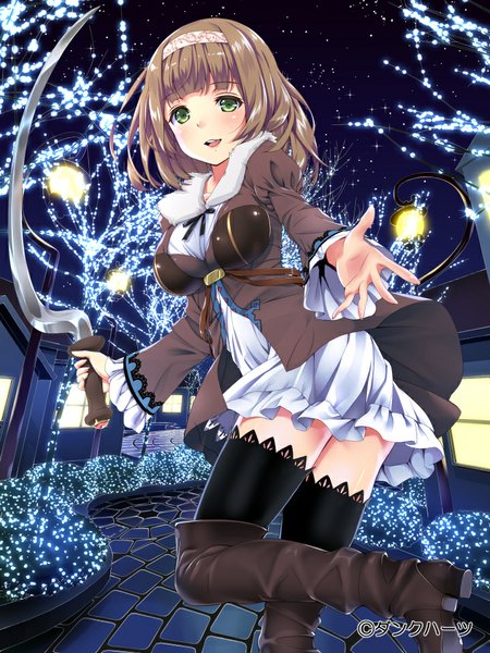 Anime picture 720x960 with original uz3d single tall image looking at viewer blush short hair open mouth brown hair green eyes girl thighhighs dress weapon black thighhighs boots
