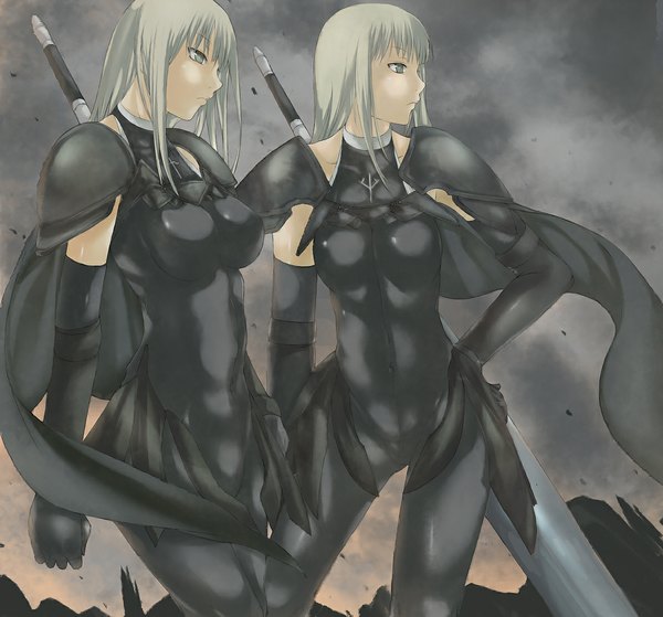 Anime picture 1194x1113 with claymore madhouse alicia (claymore) beth (claymore) long hair blonde hair multiple girls green eyes profile ruins girl gloves weapon 2 girls sword elbow gloves armor cape